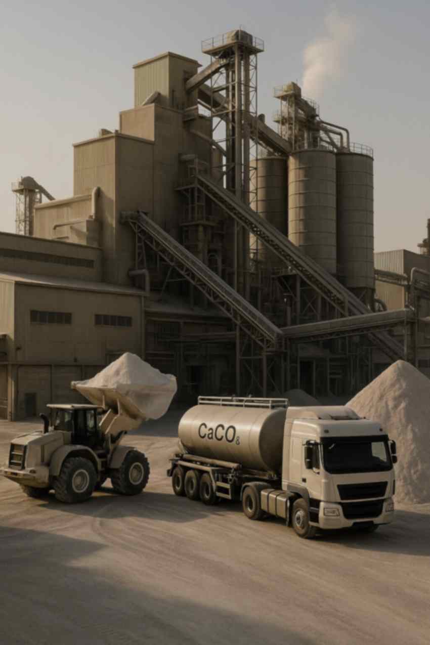 View of a modern industrial factory with advanced machinery and a CaCO₃ tanker truck, representing Arosha’s operations.