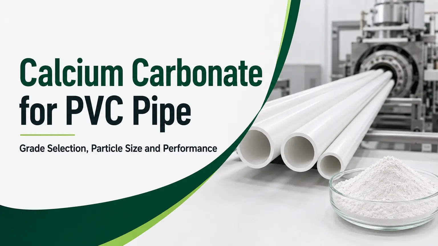 Calcium carbonate powder beside white PVC pipes on an industrial extrusion line