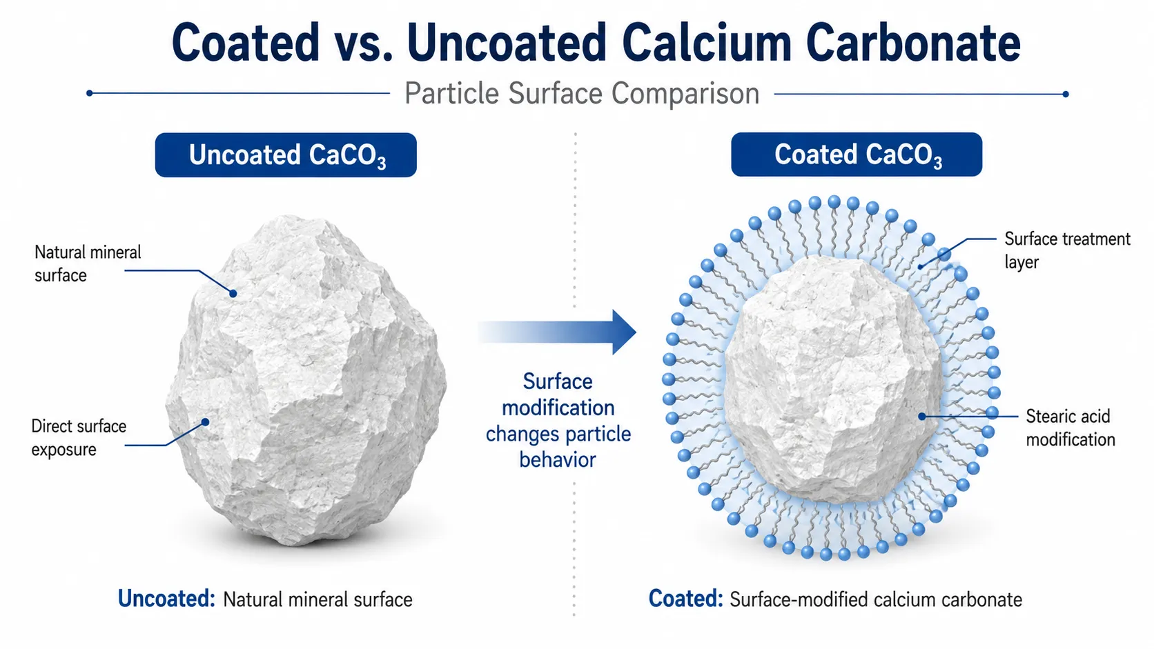 Coated vs uncoated calcium carbonate particle surface comparison