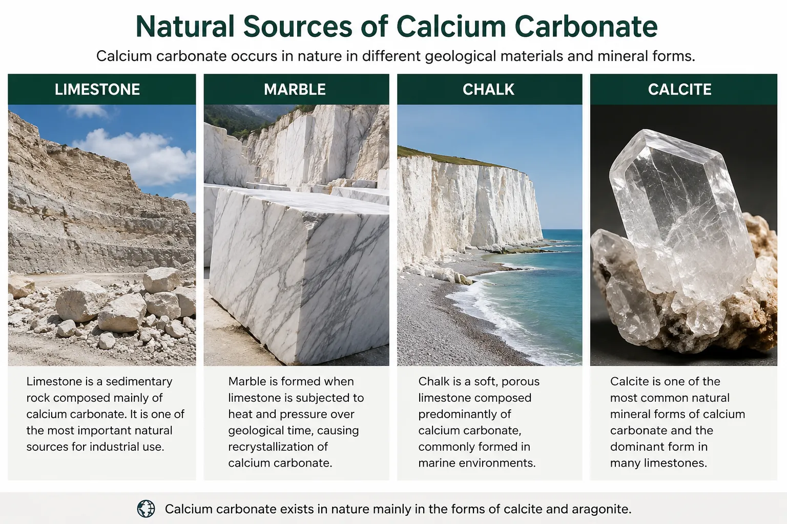 Natural sources of calcium carbonate including limestone marble chalk and calcite