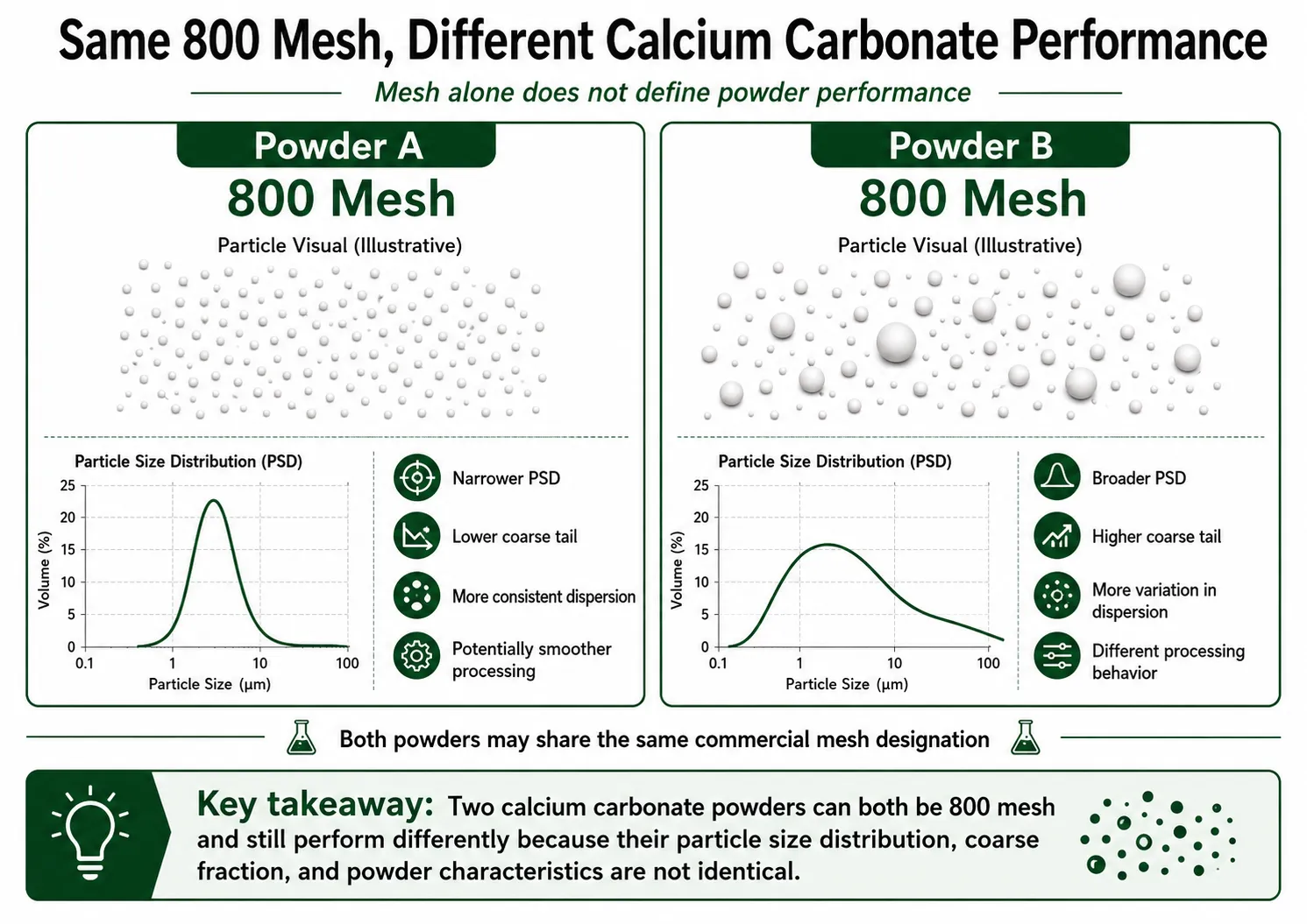 Same 800 mesh calcium carbonate powders with different particle size distribution and performance