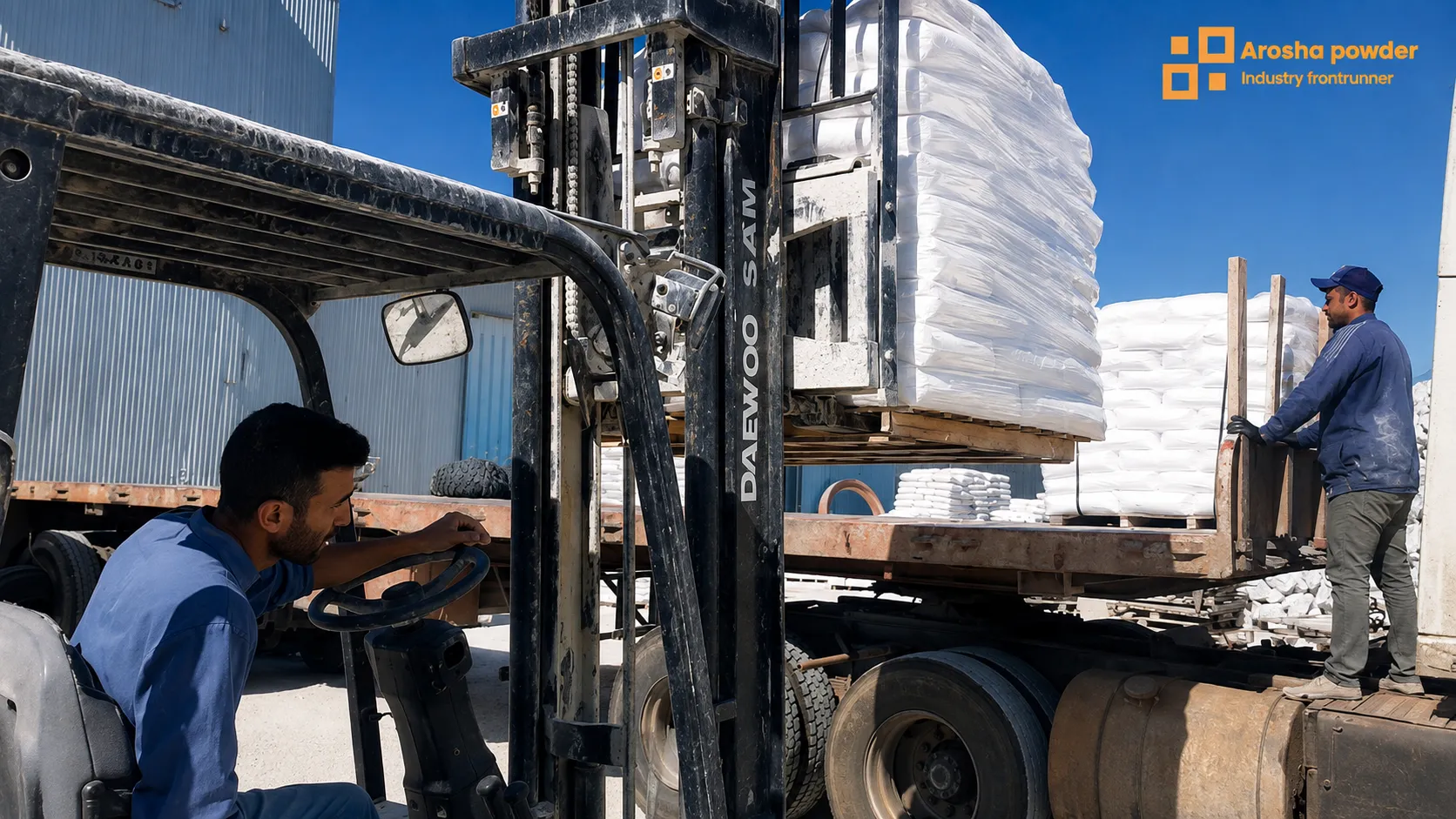 Forklift loading calcium carbonate bags for industrial supply at Arosha Powder facility
