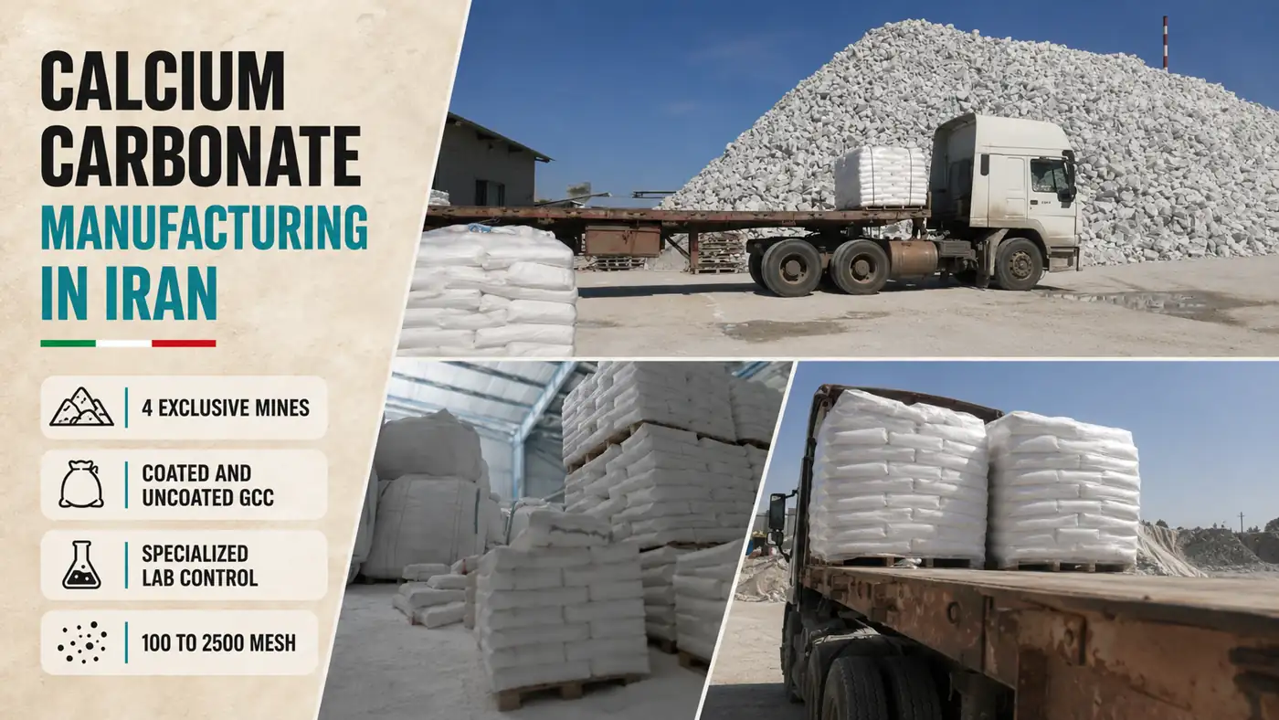 Calcium carbonate manufacturing in Iran with limestone, industrial packaging and factory loading