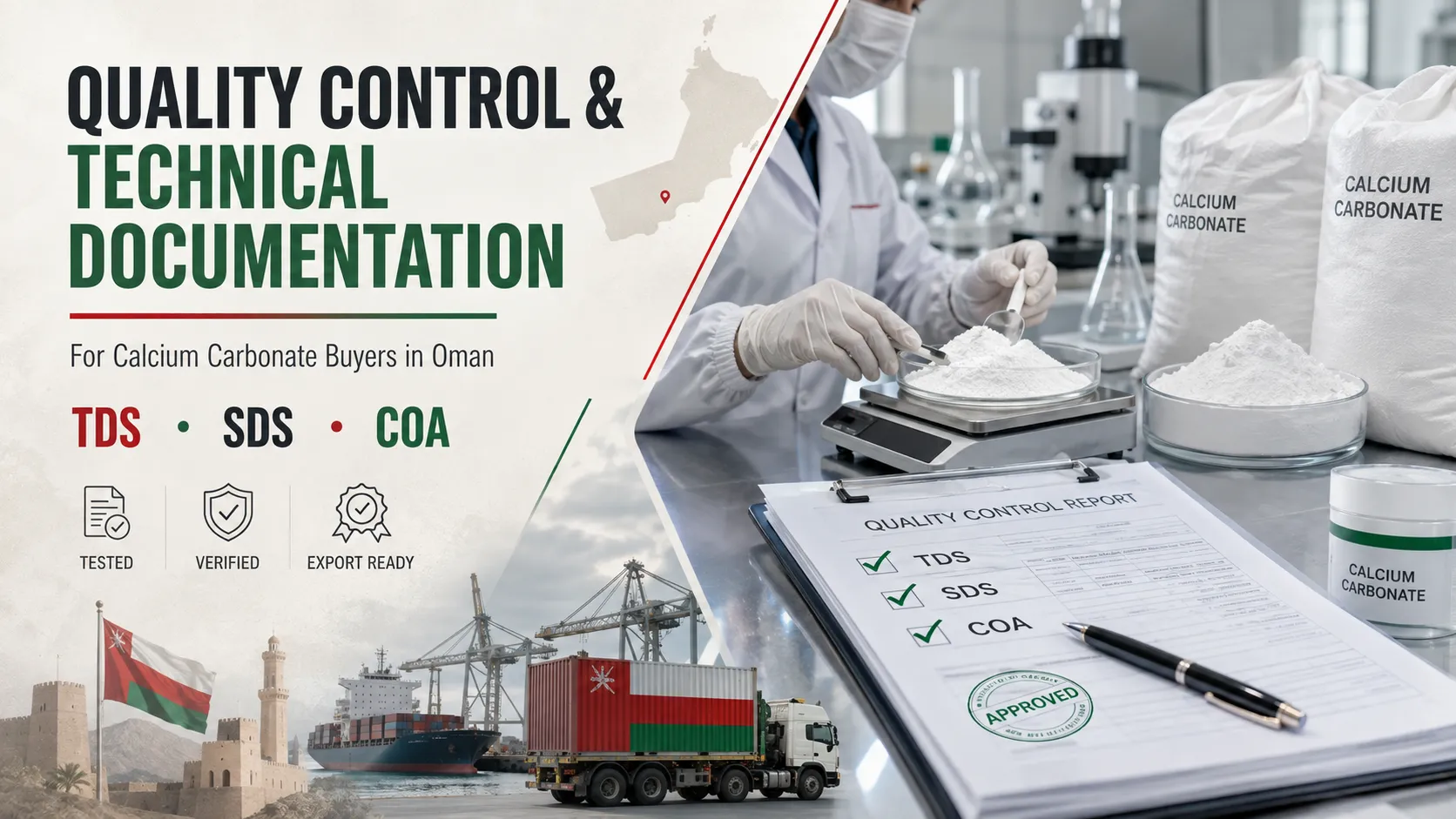Quality control and technical documentation for calcium carbonate buyers in Oman including TDS, SDS and COA