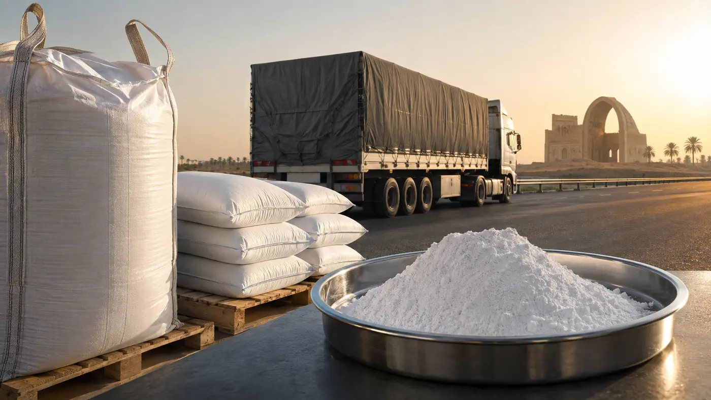 Calcium carbonate powder, industrial bags and a freight truck representing supply from Iran to Iraq