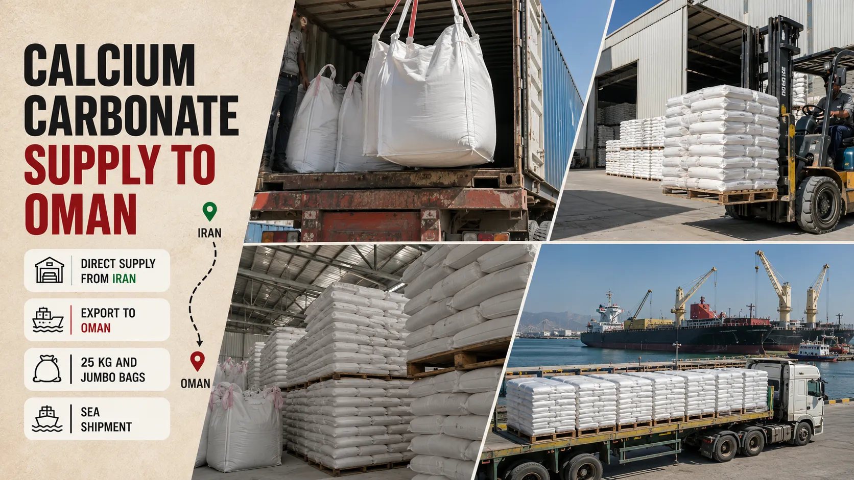 Calcium carbonate supply to Oman with industrial packaging, warehouse loading and sea shipment from Iran