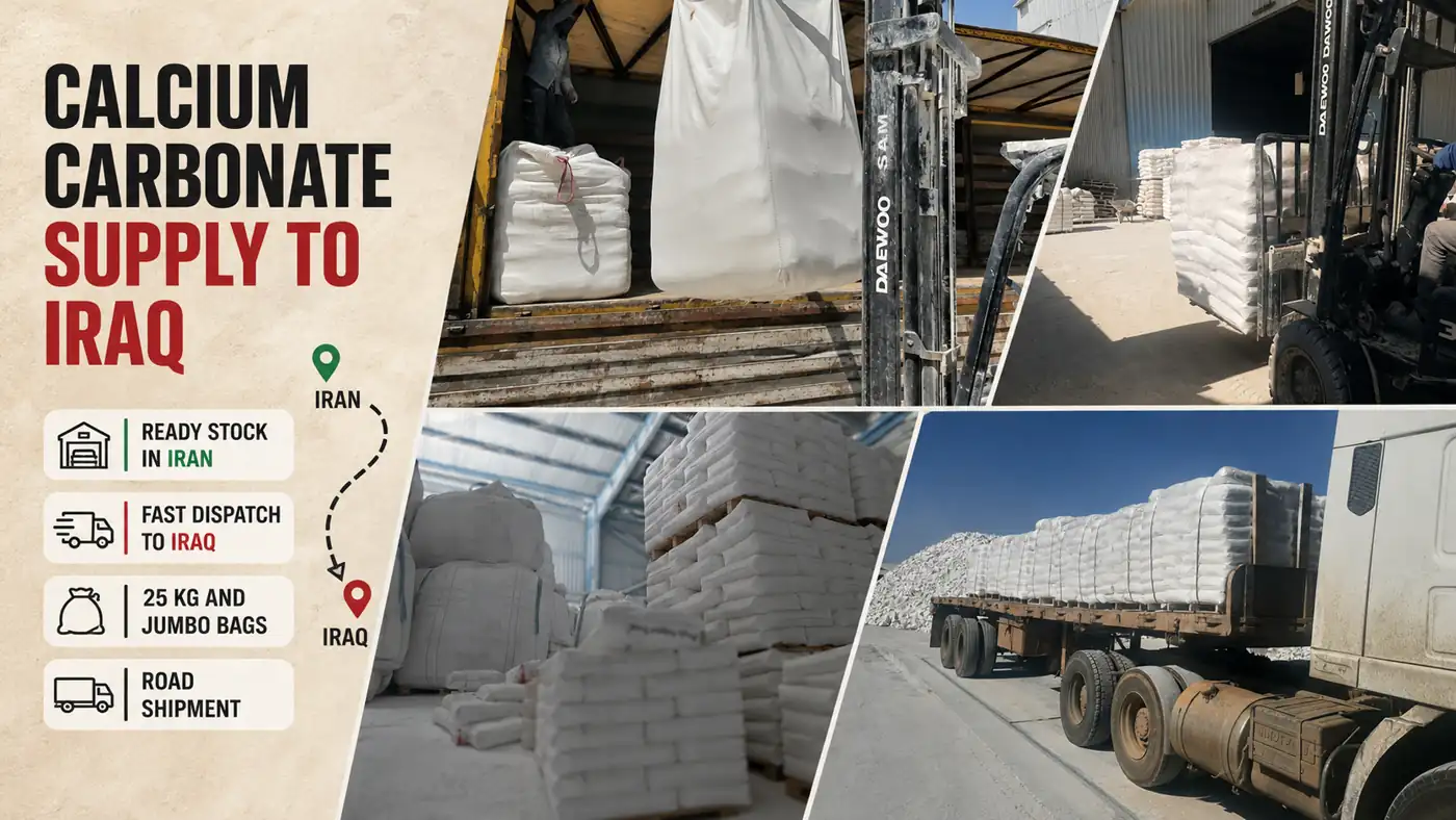 Calcium carbonate warehouse stock in Iran and road dispatch preparation for industrial buyers in Iraq