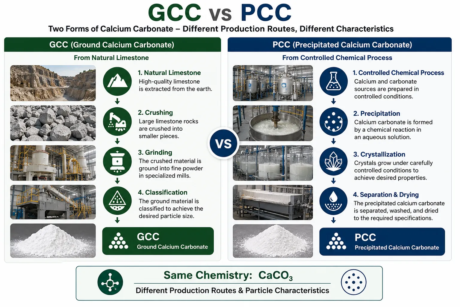 GCC vs PCC calcium carbonate production process comparison