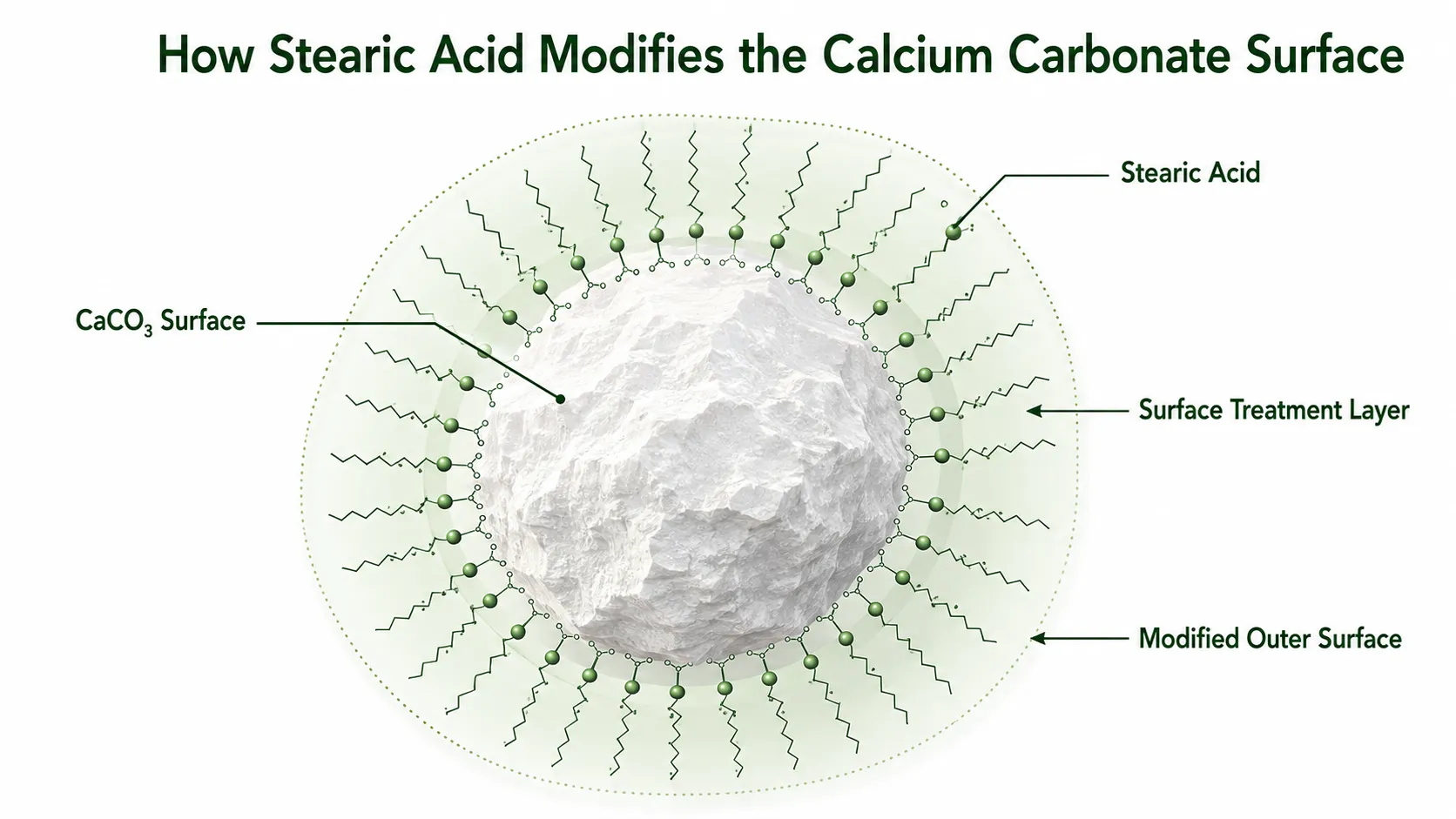 Stearic acid surface treatment of coated calcium carbonate particles