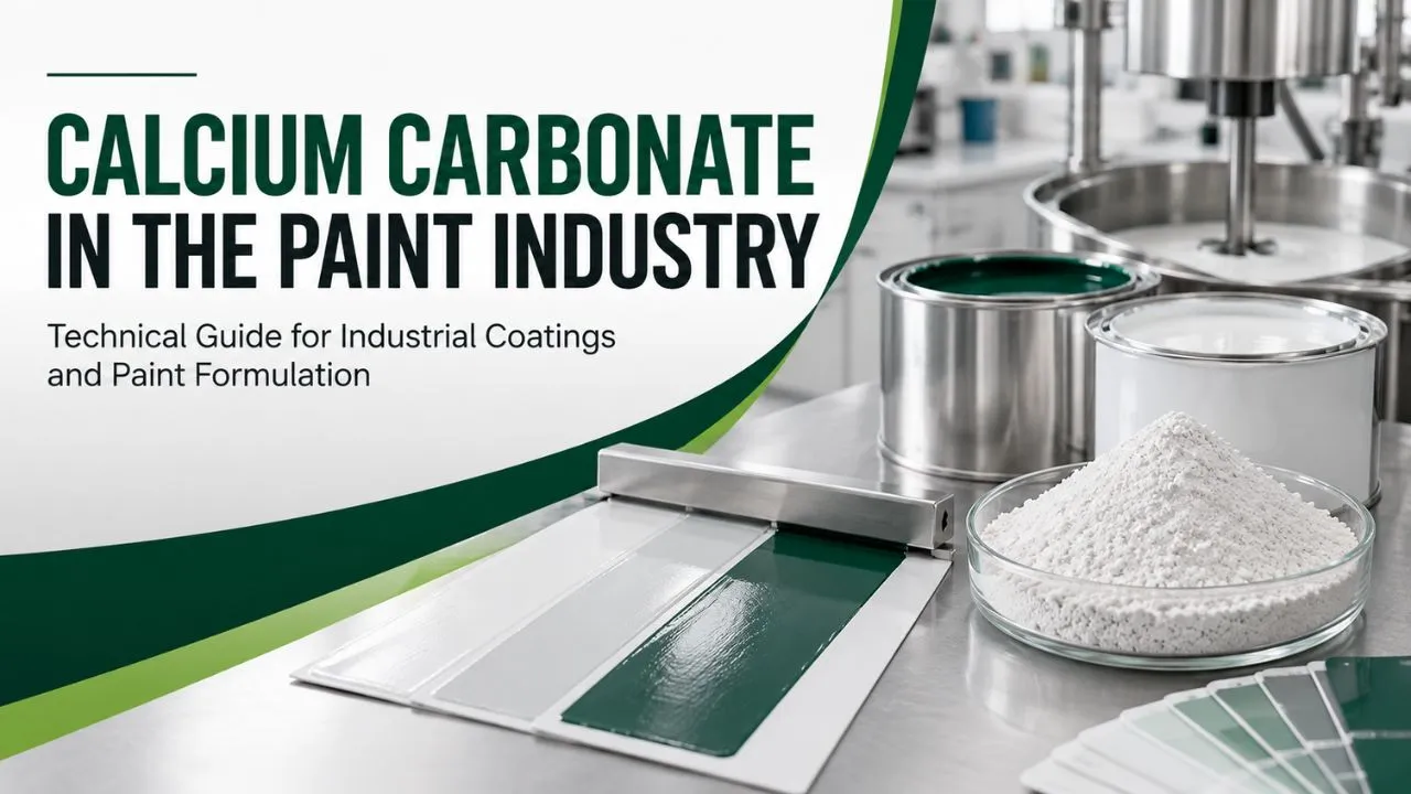 Calcium carbonate powder, paint drawdown panels and mixing equipment in an industrial coatings laboratory