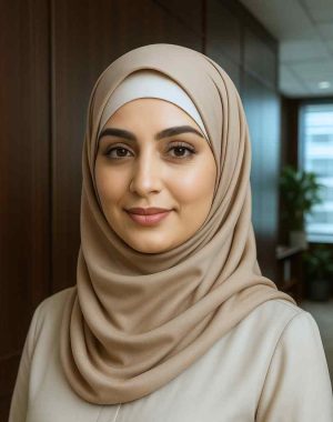 image of professional female employee of Arosha Powder Company wearing a beige hijab in a modern office setting.