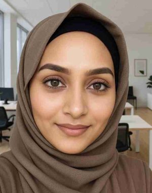 image of professional female employee of Arosha Powder Company wearing a brown hijab in a bright, modern office workspace.