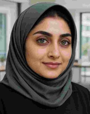 image of professional female employee of Arosha Powder Company wearing a stylish dark gray hijab and black attire in a bright, modern office space.